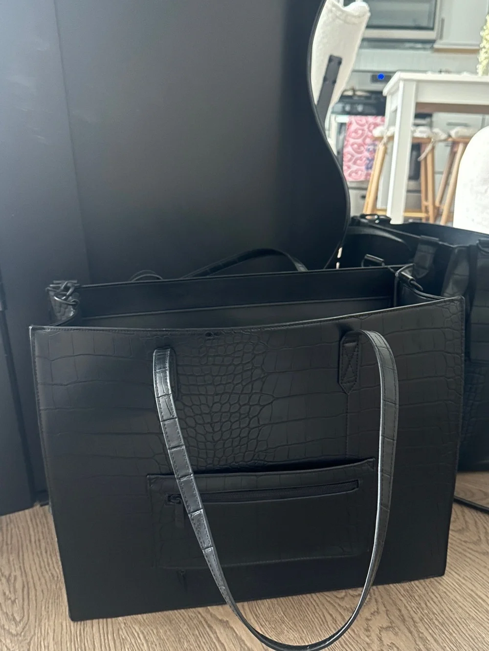 BEIS Black Croc-Embossed Laptop Tote + Case with Detachable Strap